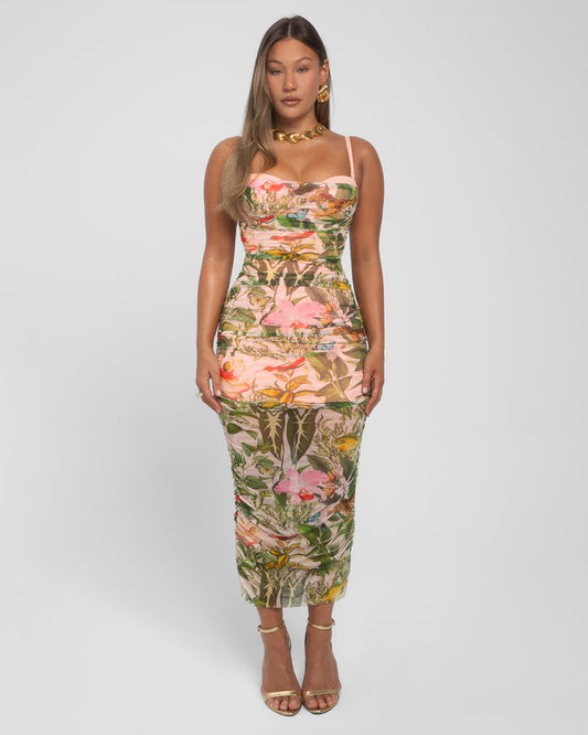 Model wears Sweetie Mesh Column Midi Tummy Control Shapewear Dress - Floral Ambrosia full front view