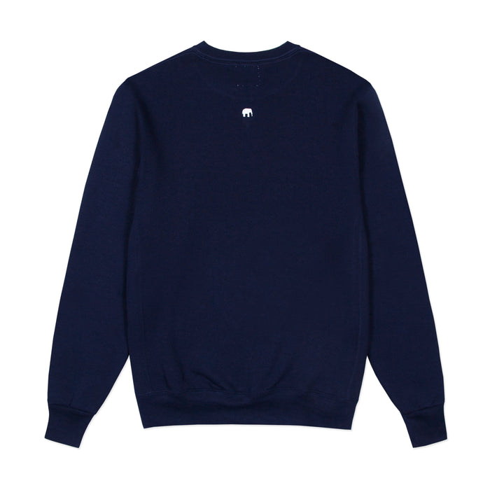 Navy crewneck sweatshirt with the "LFANT" logo of an elephant on the back.