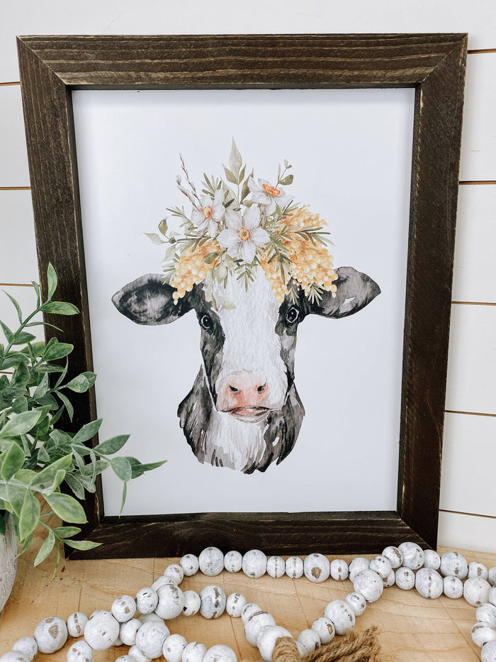 Watercolor Cow Flowers Sign, Wood Sign, 12x16 Farmhouse Sign: Dark Walnut