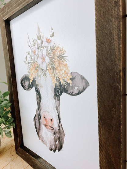 Watercolor Cow Flowers Sign, Wood Sign, 12x16 Farmhouse Sign: Dark Walnut