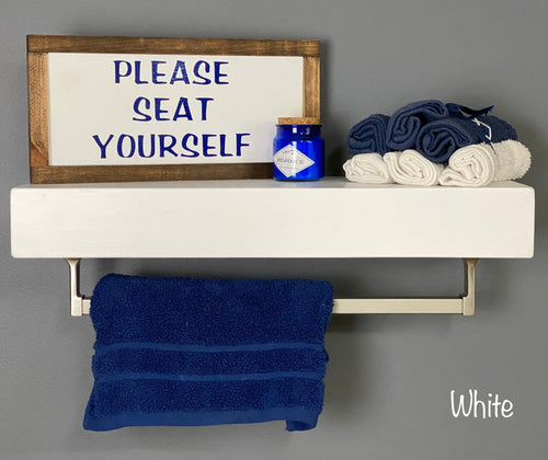 White Floating Shelf - Square Satin Nickel Towel Bar