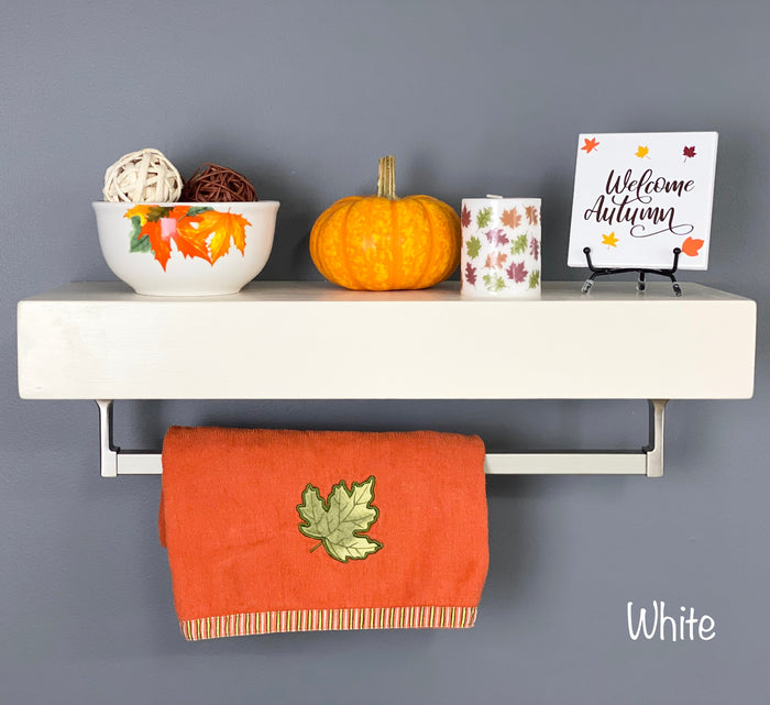 White Floating Shelf - Square Satin Nickel Towel Bar