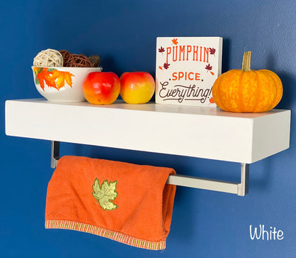 White Floating Shelf - Square Satin Nickel Towel Bar